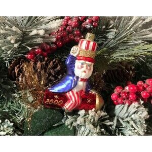 Vintage 2000 Uncle Sam Art Glass Ornament Millennial Red White Blue Retro Y2K